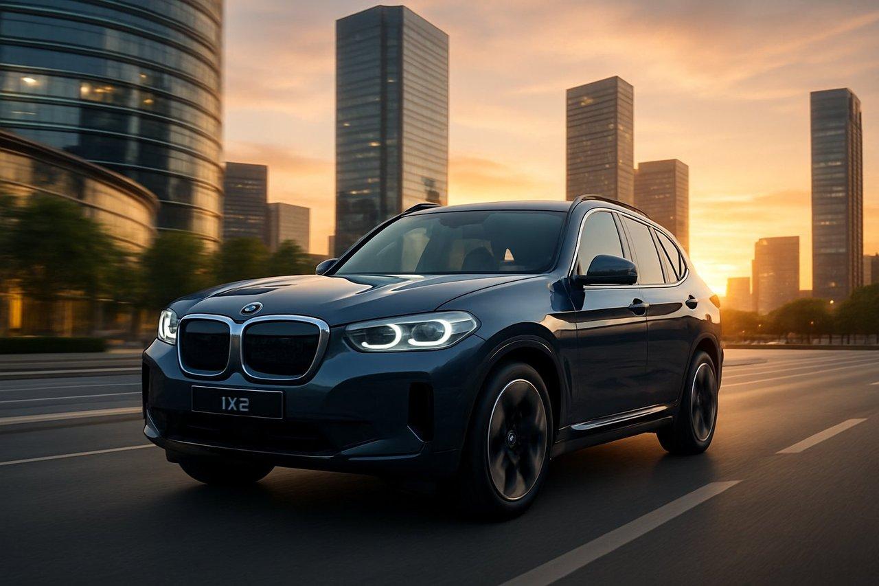 BMW iX3 électrique roulant dans une ville moderne au coucher du soleil, design élégant et technologie avancée.