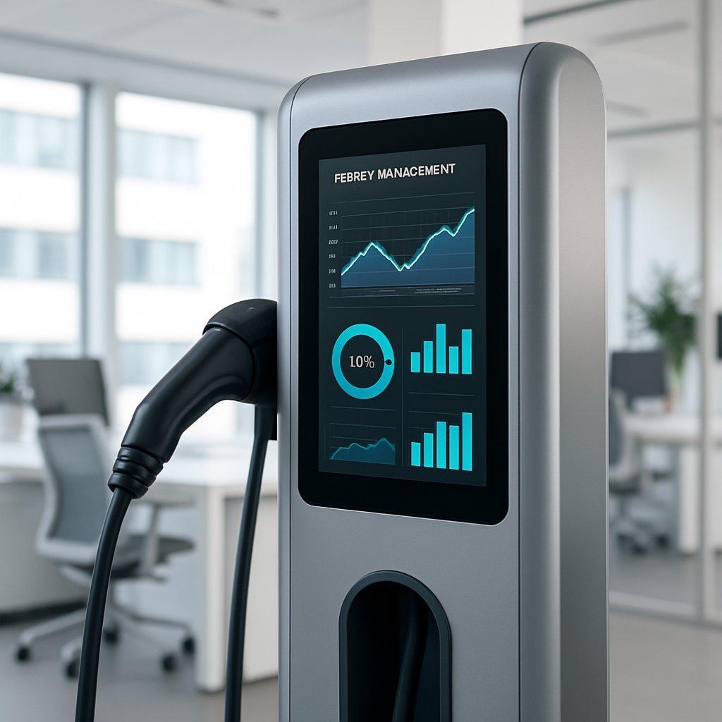 Borne de recharge électrique d’entreprise moderne avec écran tactile et gestion énergétique intégrée.