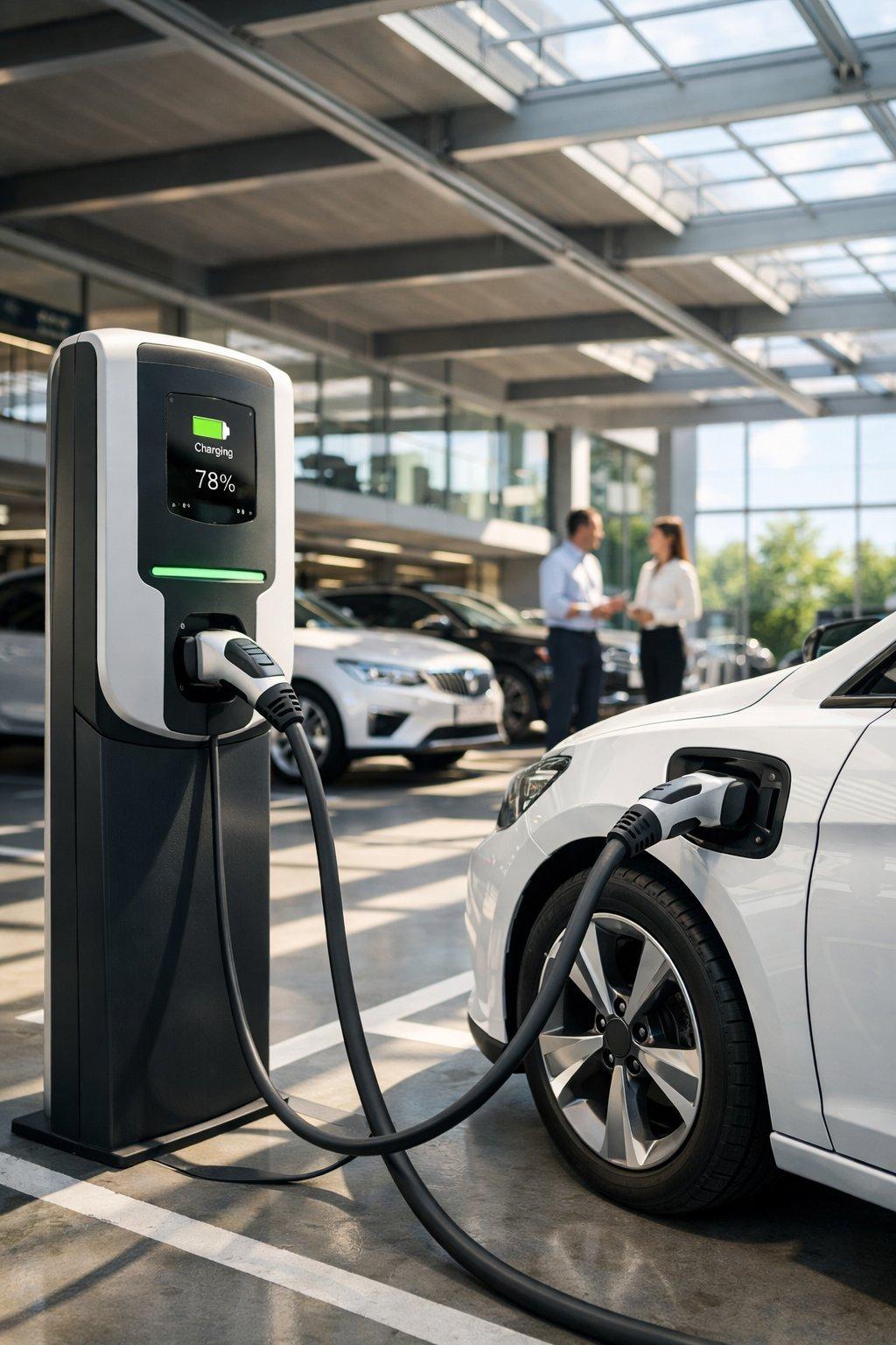 Borne de recharge électrique en entreprise avec câble branché sur un parking moderne sous lumière naturelle.