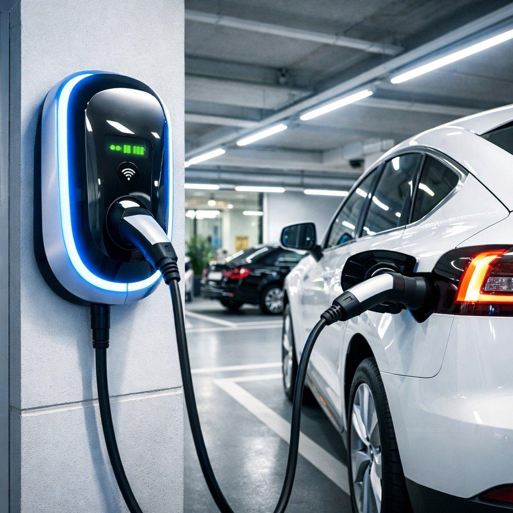 Borne de recharge murale professionnelle lumineuse dans parking d’entreprise moderne avec véhicule électrique en charge.