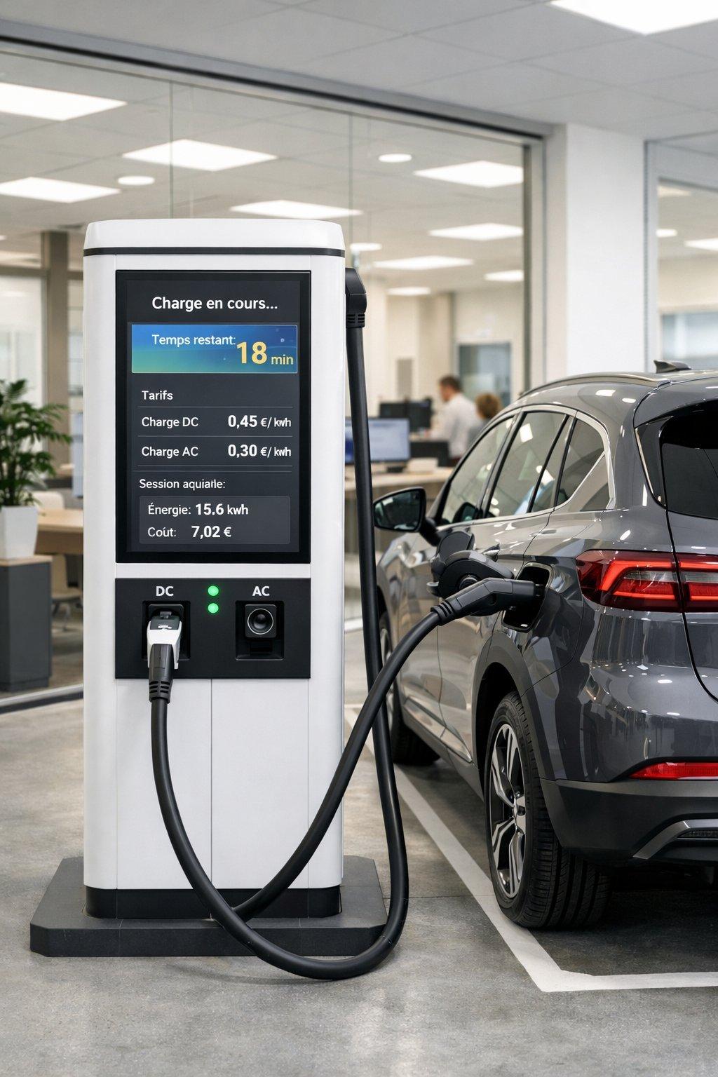 Borne de recharge rapide en entreprise alimentant un SUV électrique moderne avec affichage tarifaire et temps de charge.