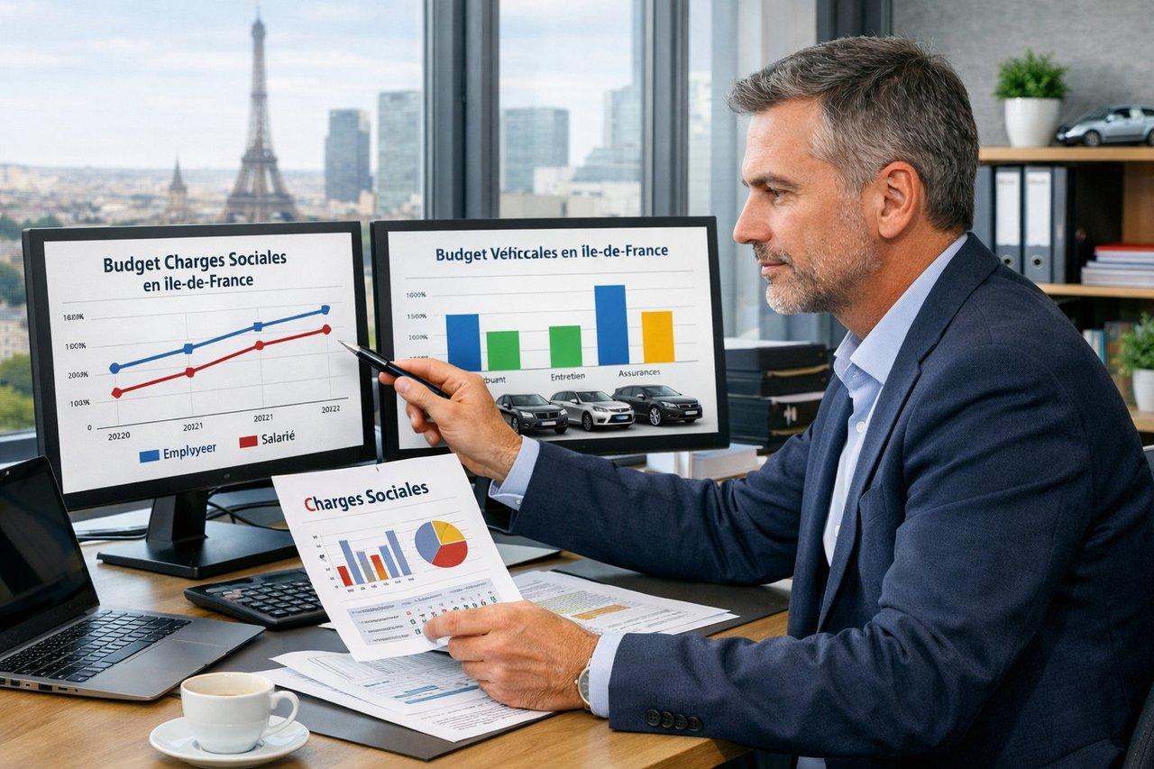 Bureau moderne avec dirigeant de PME analysant le budget charge patronale liée à l’avantage en nature voiture en Île-de-France.