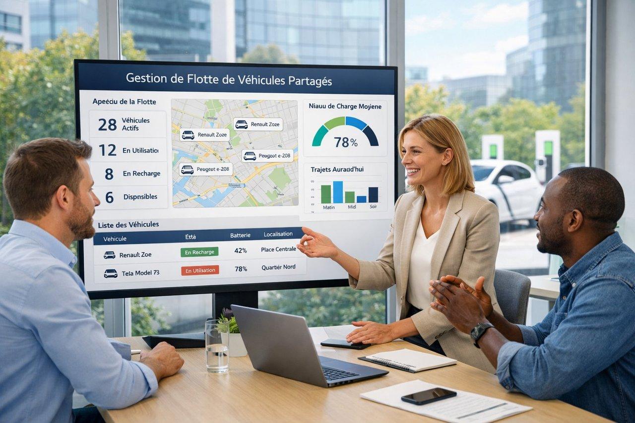 Bureau moderne avec salariés discutant autour d’un écran, gestion d’une flotte automobile partagée optimale.
