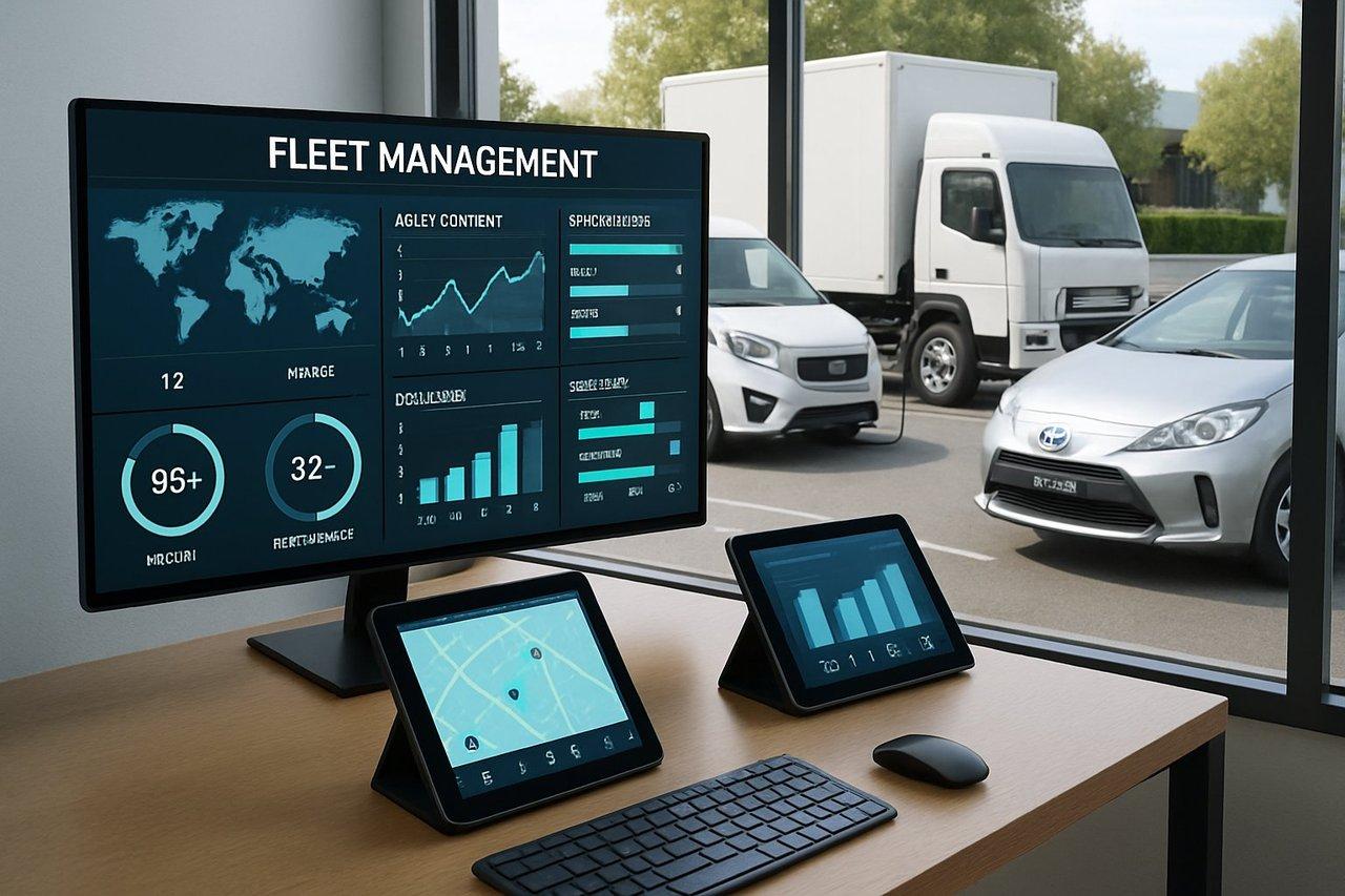 Bureau moderne avec tableau de bord numérique pour la gestion de flotte diversifiée et véhicules hybrides.
