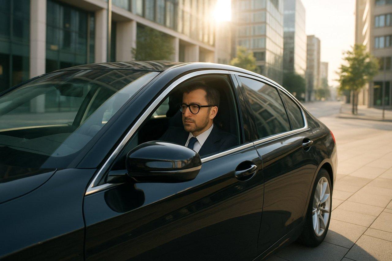Cadre supérieur élégant conduisant une voiture de fonction haut de gamme dans un décor urbain moderne au matin lumineux.