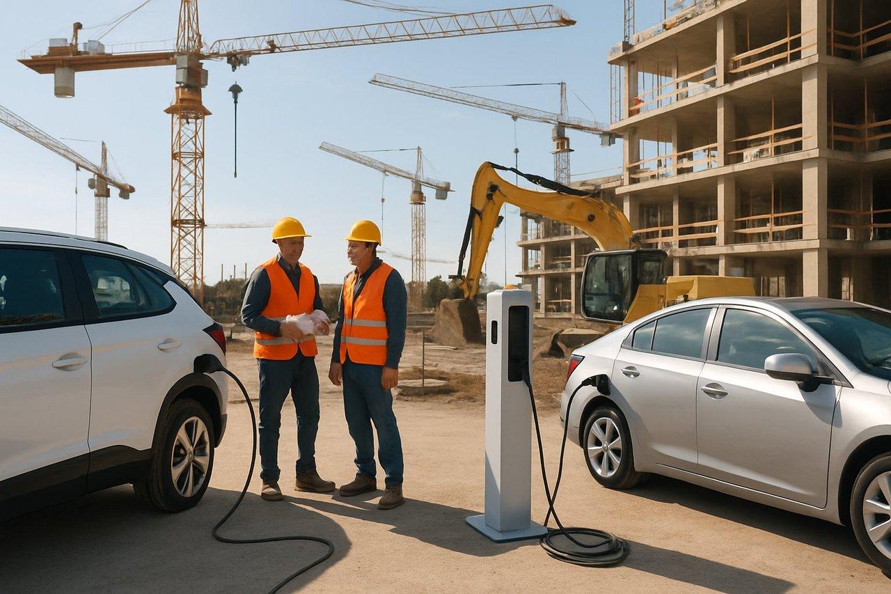 Chantier de construction moderne avec véhicules électriques et hybrides en recharge, ambiance lumineuse naturelle