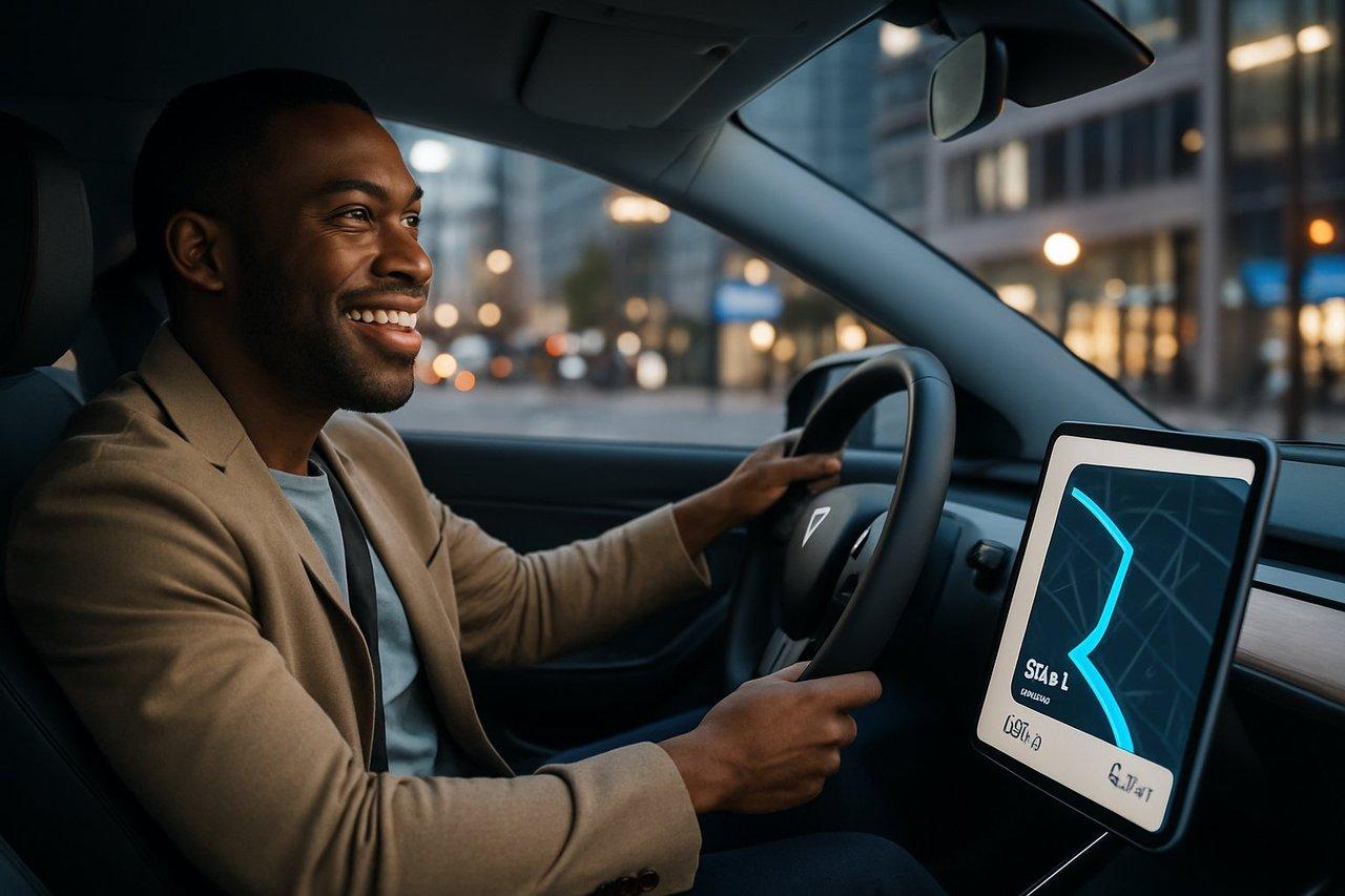 Commercial souriant au volant d’une voiture électrique moderne en ville, utilisant un smartphone avec un itinéraire optimisé digital.