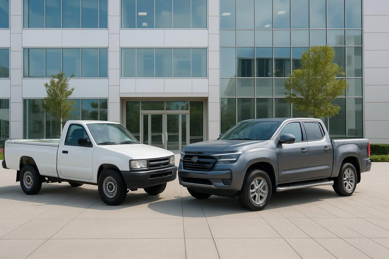 Comparaison visuelle professionnelle entre un pick-up simple cabine utilitaire et un double cabine moderne.