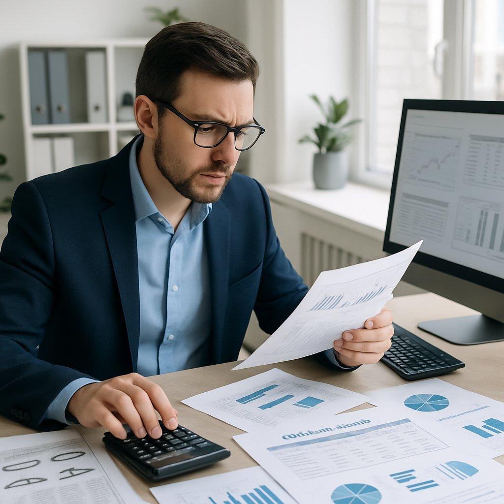 Consultant expert-comptable concentré devant ordinateur, analysant documents pour la gestion d'une flotte automobile.