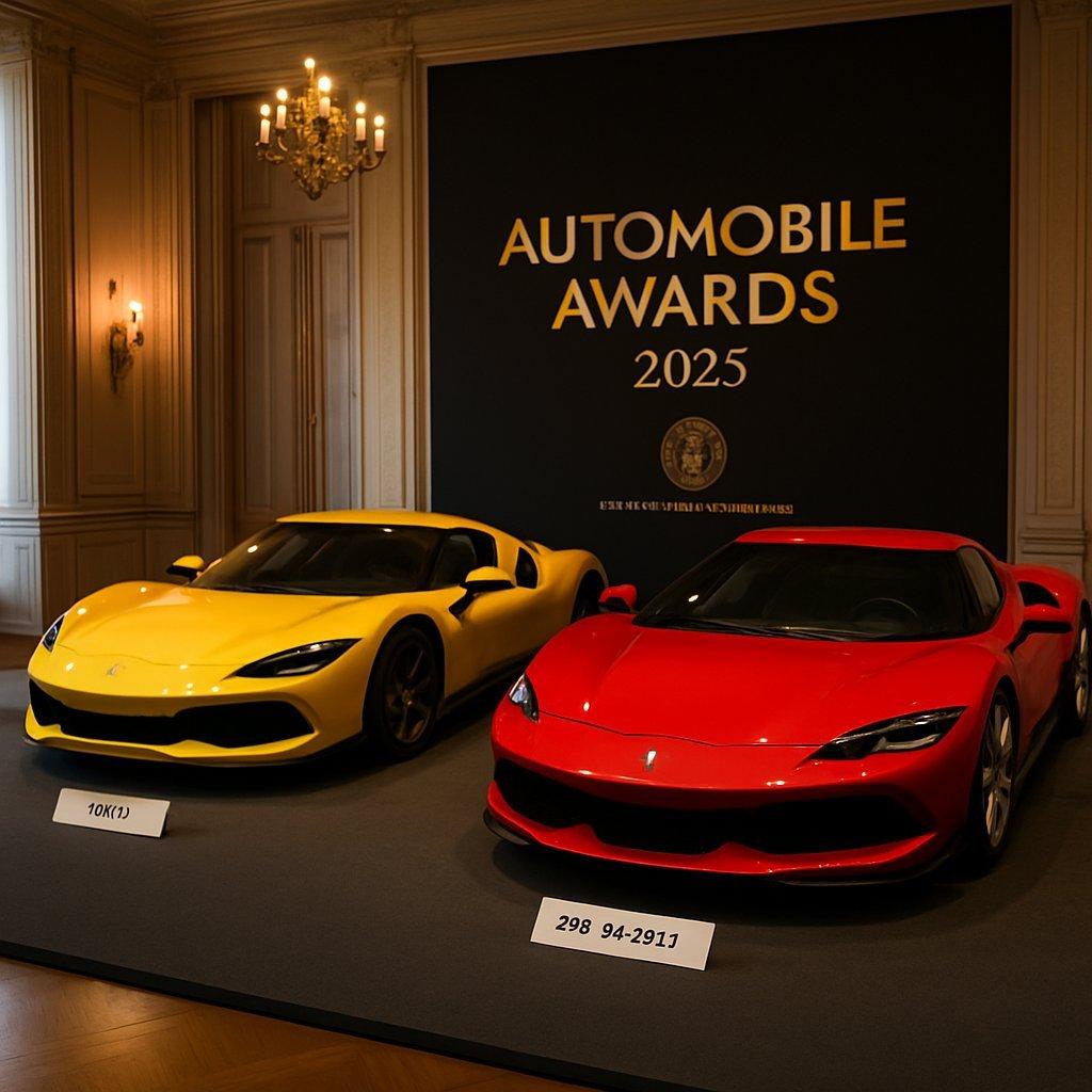 Deux Ferrari emblématiques, 296 Speciale et Amalfi, exposées lors des Automobile Awards 2025 à l’Automobile Club de France.