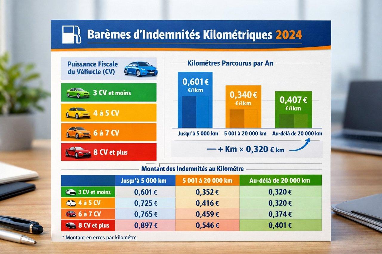 Diagramme clair et professionnel illustrant les barèmes d’indemnités kilométriques selon puissance fiscale et kilomètres annuels.