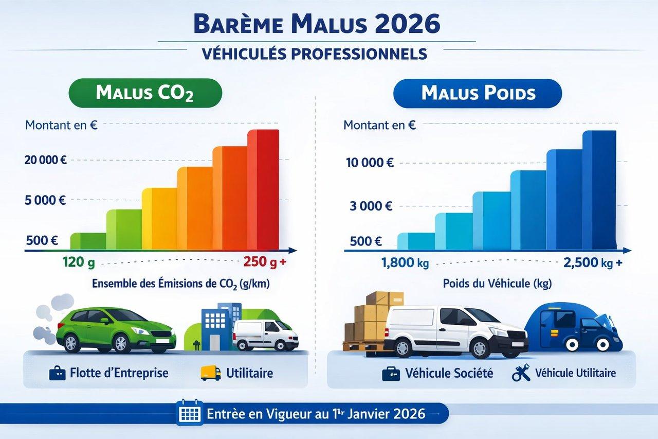 Diagramme moderne et clair du barème progressif du malus CO2 et poids pour véhicules professionnels 2026.