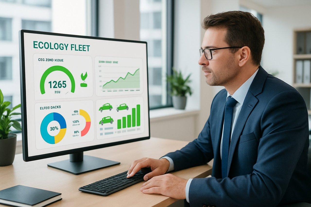Dirigeant de PME en bureau moderne consultant un tableau de bord numérique de gestion écologique de flotte automobile.