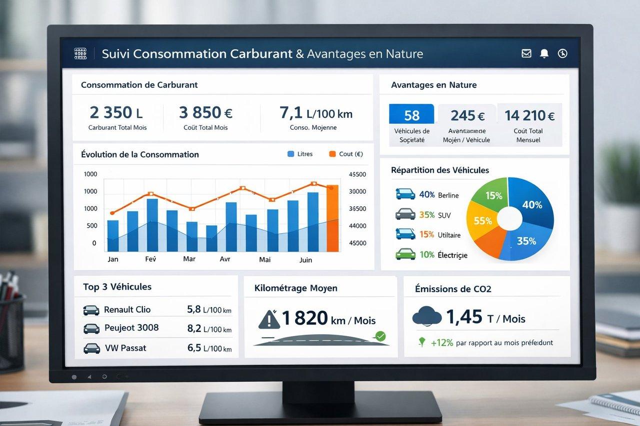 Écran d’ordinateur moderne affichant un tableau de bord digital détaillé sur la consommation carburant et avantages en nature pour une flotte d'entreprise.