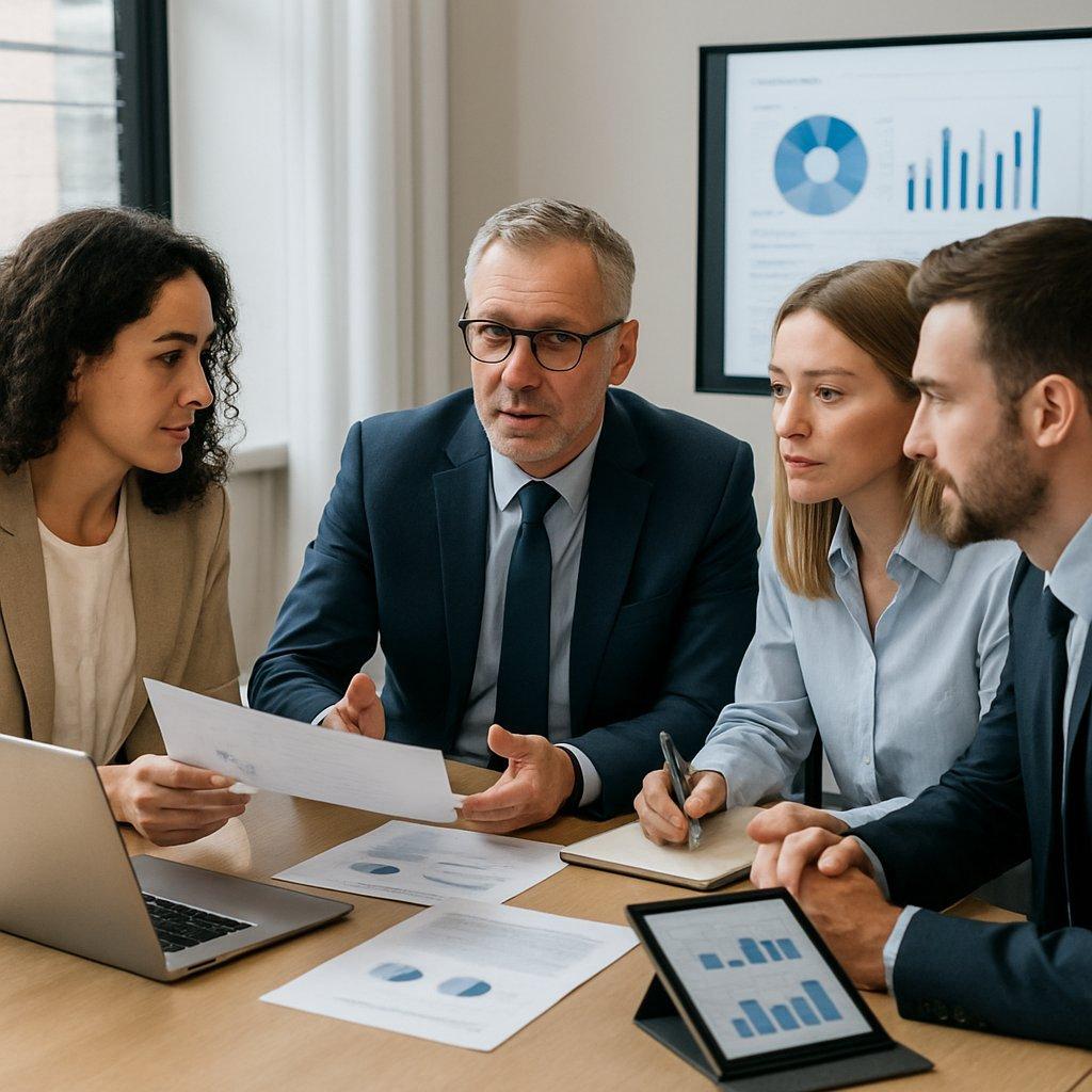 Équipe professionnelle en réunion autour d’une table moderne, échangeant sur la gestion collaborative d’une politique automobile responsable.