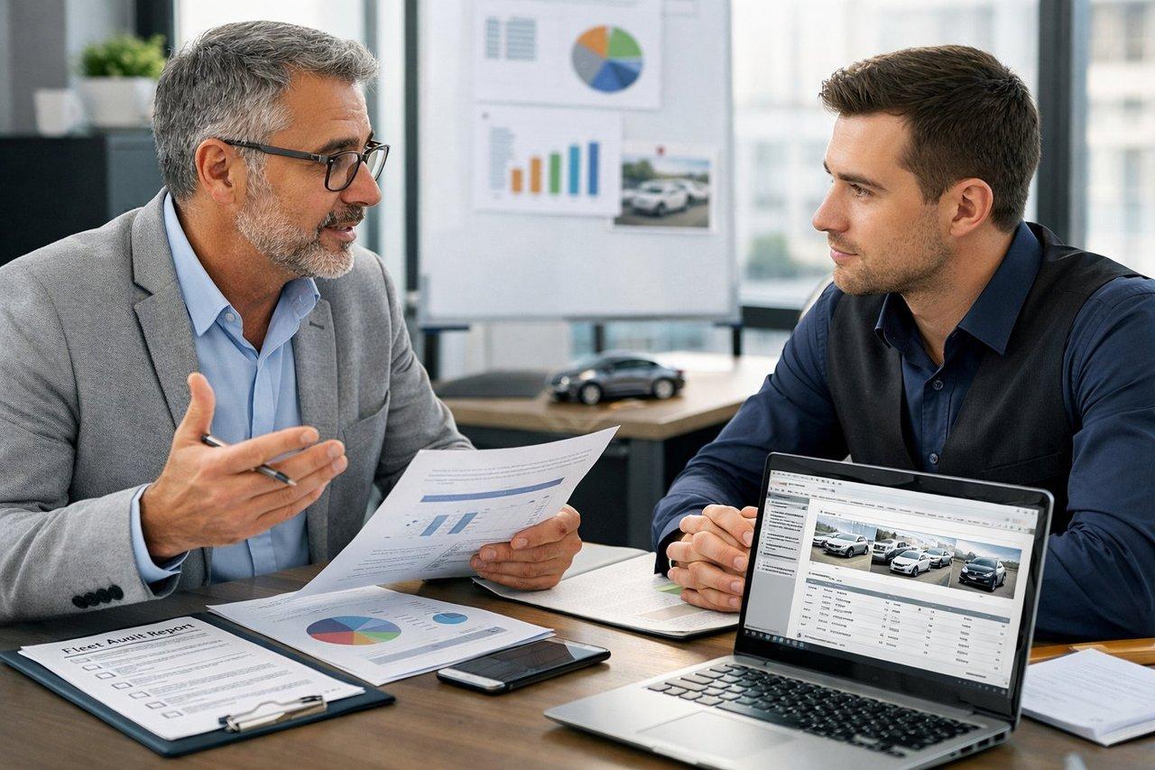 Expert en gestion sociale conseille un gestionnaire de flotte lors d’un audit dans un bureau moderne.