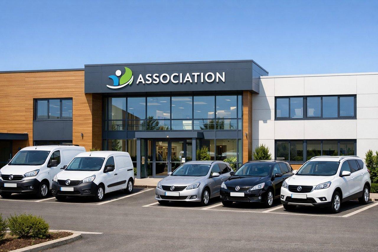 Façade moderne d’une association accueillante avec véhicules de fonction stationnés, sous un ciel clair.