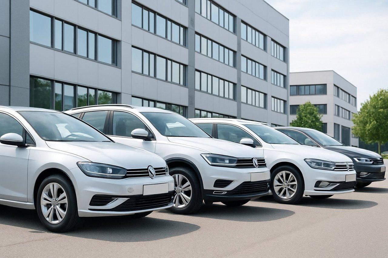 Flotte automobile d’entreprise alignée en extérieur, véhicules modernes pour une gestion efficace.