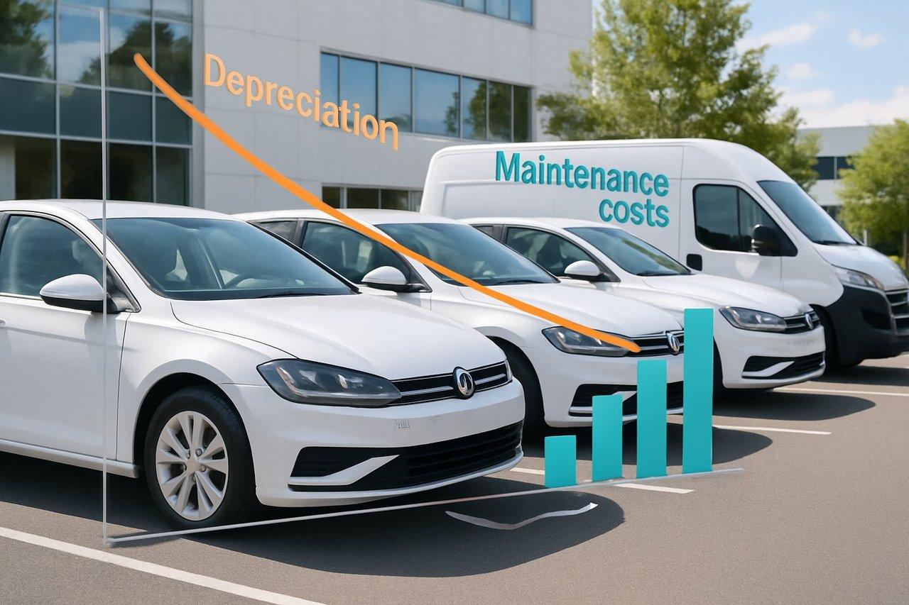 Flotte de véhicules d’entreprise modernes sur parking, avec graphiques illustrant dépréciation et coûts d’entretien.