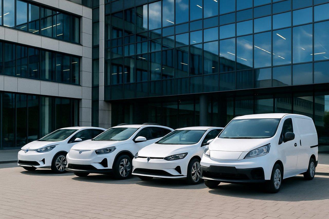 Flotte de véhicules électriques variés alignés devant une entreprise moderne, illustration des modèles adaptés aux ETI en 2026.