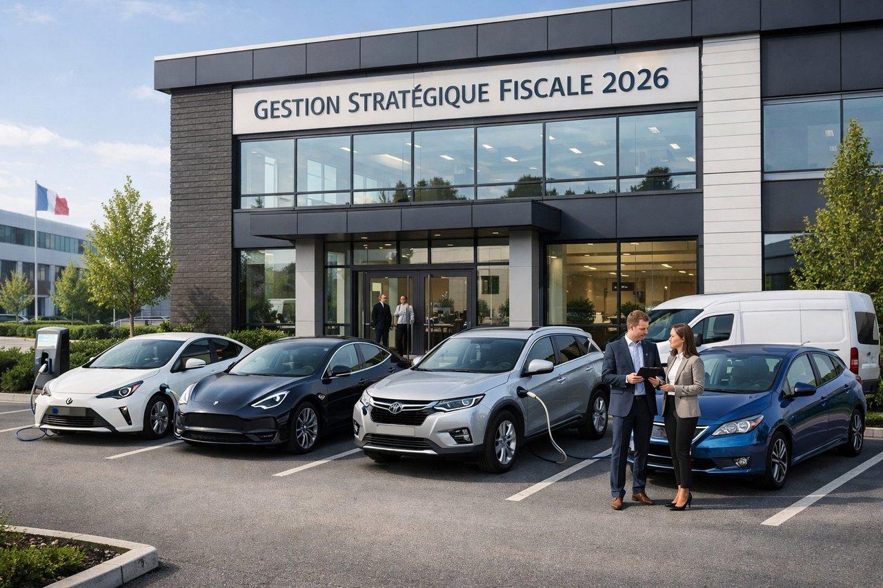 Flotte de véhicules hybrides et électriques devant une PME moderne, gestion stratégique fiscale 2026.