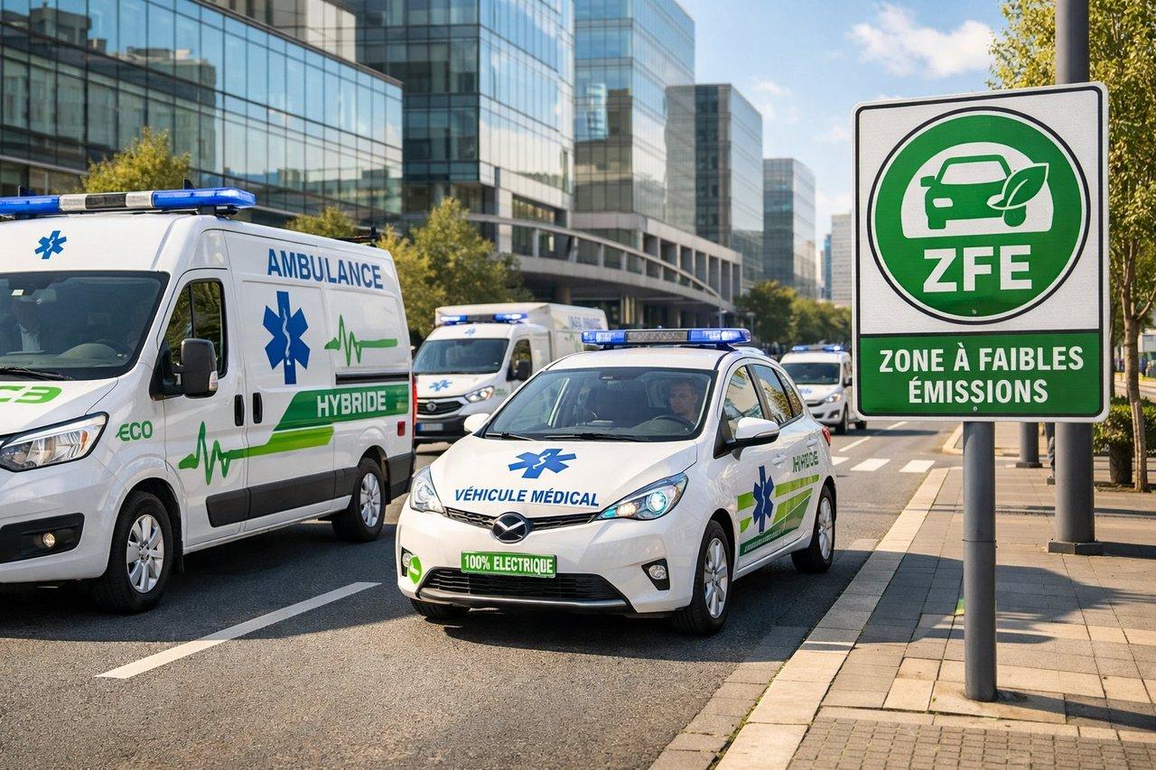 Flotte de véhicules médicaux hybrides et électriques circulant dans une zone urbaine moderne avec signalisation ZFE.