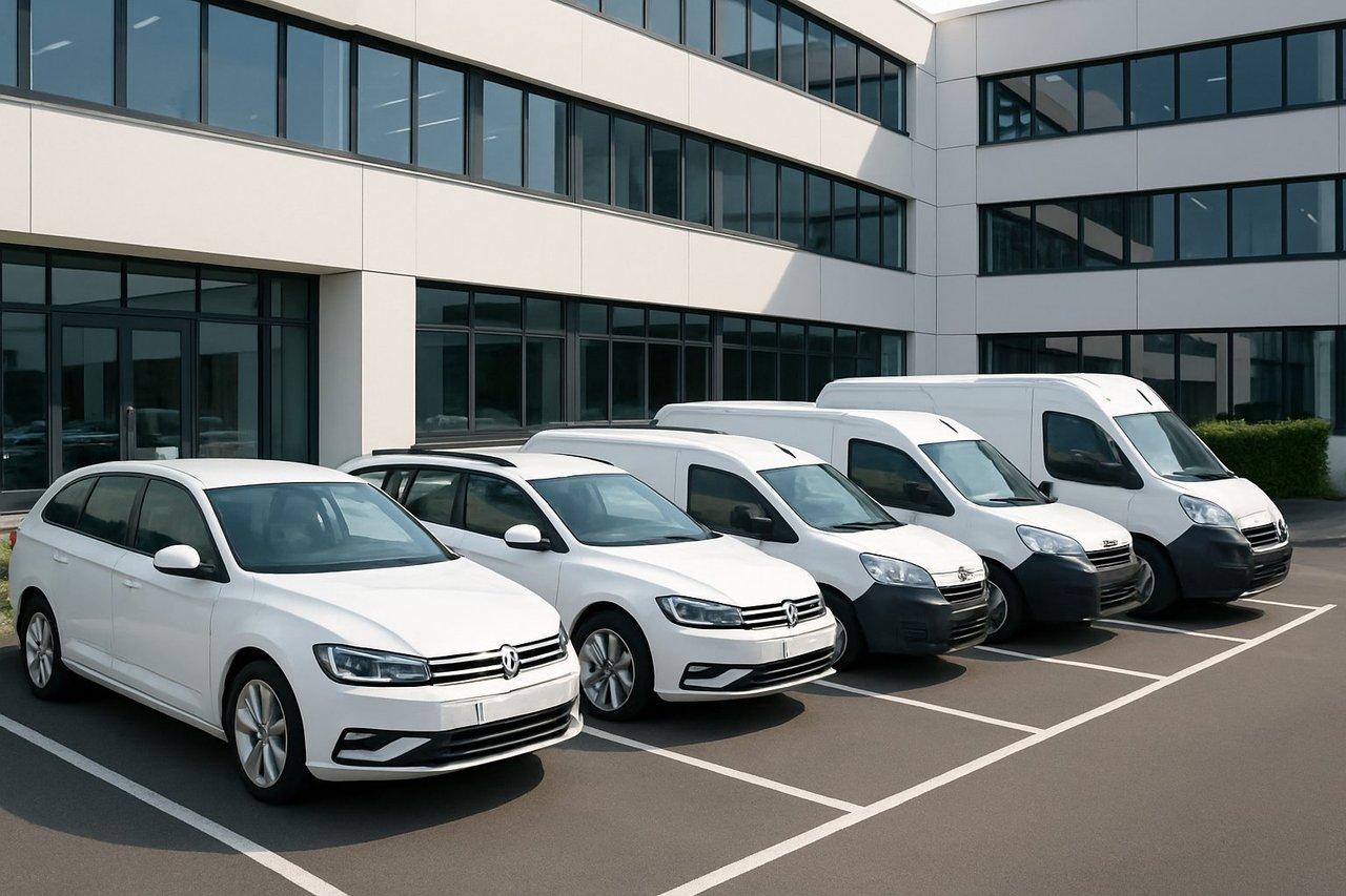 Flotte d’entreprise avec véhicules de fonction et de service alignés sur un parking moderne et organisé.