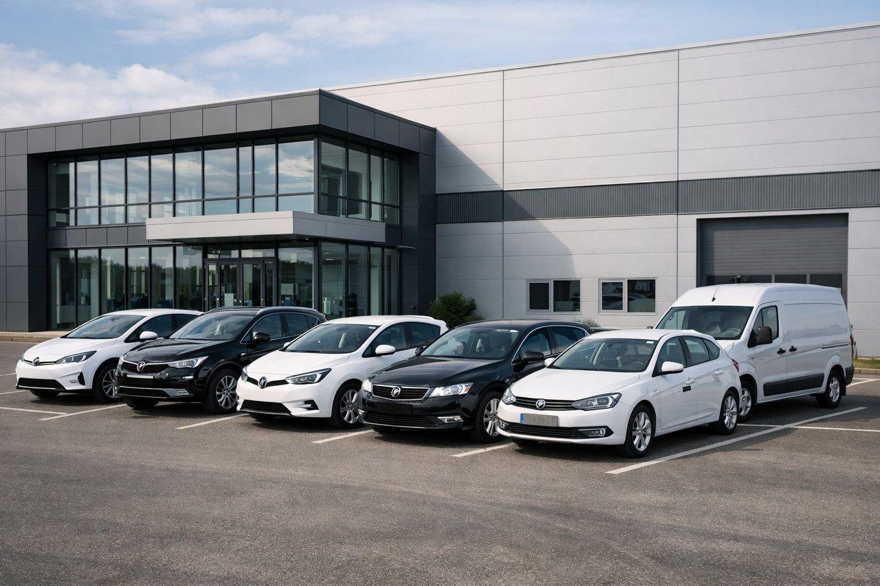 Flotte d’entreprise mixte de voitures électriques et thermiques garées devant un bâtiment industriel moderne.