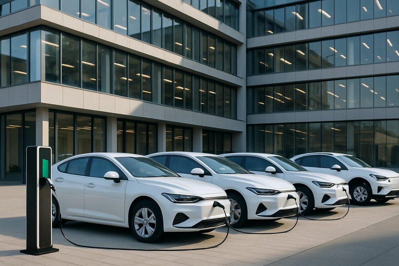 Flotte d’entreprise moderne avec véhicules électriques alignés devant un immeuble contemporain équipé de bornes de recharge.