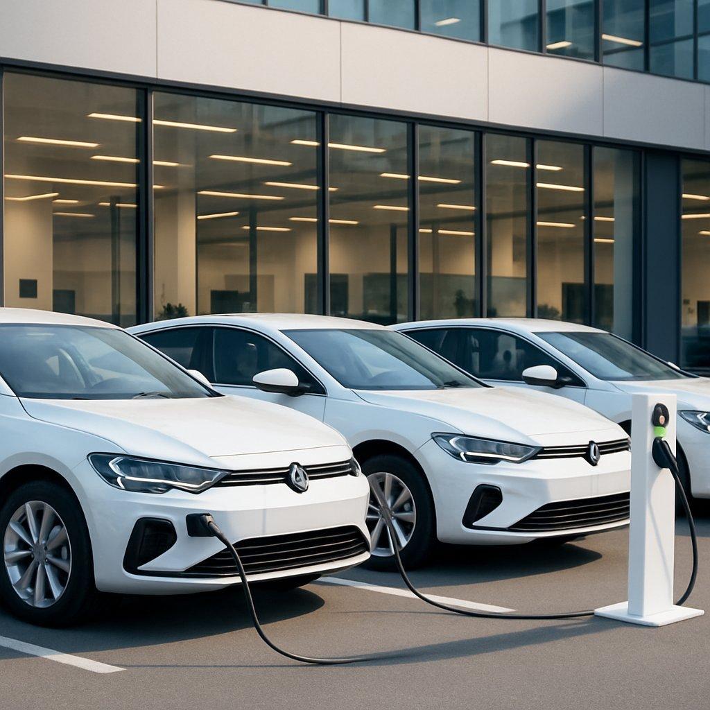 Flotte d’entreprise moderne avec véhicules électriques alignés près de bornes de recharge dans un environnement professionnel contemporain.