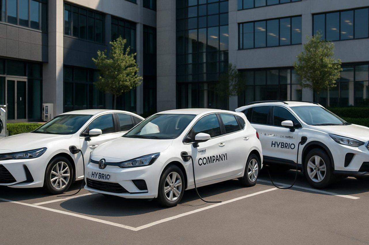 Flotte d’entreprise moderne avec véhicules hybrides rechargeables en plein charge sur bornes électriques en milieu urbain.