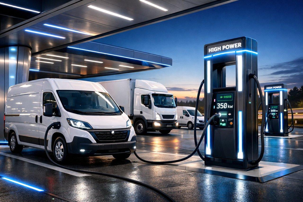 Flotte d’utilitaires électriques modernes en recharge rapide sur aire d’autoroute high-tech avec bornes haute puissance visibles.
