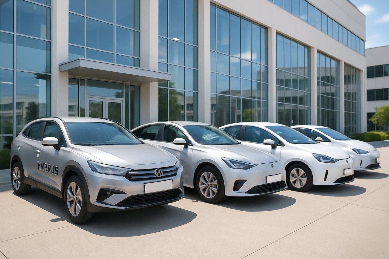 Flotte moderne de véhicules hybrides et électriques alignés devant un bâtiment d’entreprise, symbole de transition écologique.