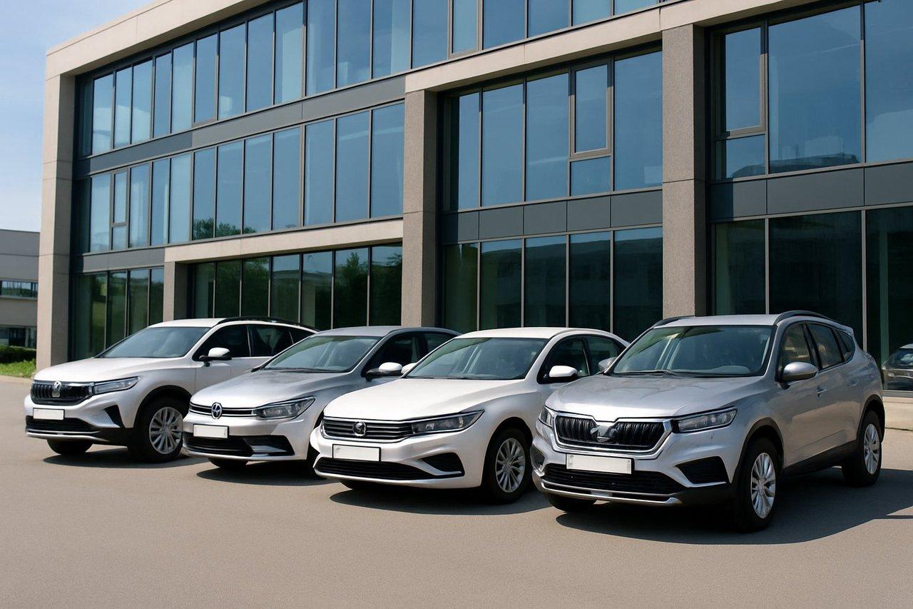 Flotte moderne de véhicules récents en location longue durée garés devant un bâtiment d’entreprise contemporain.