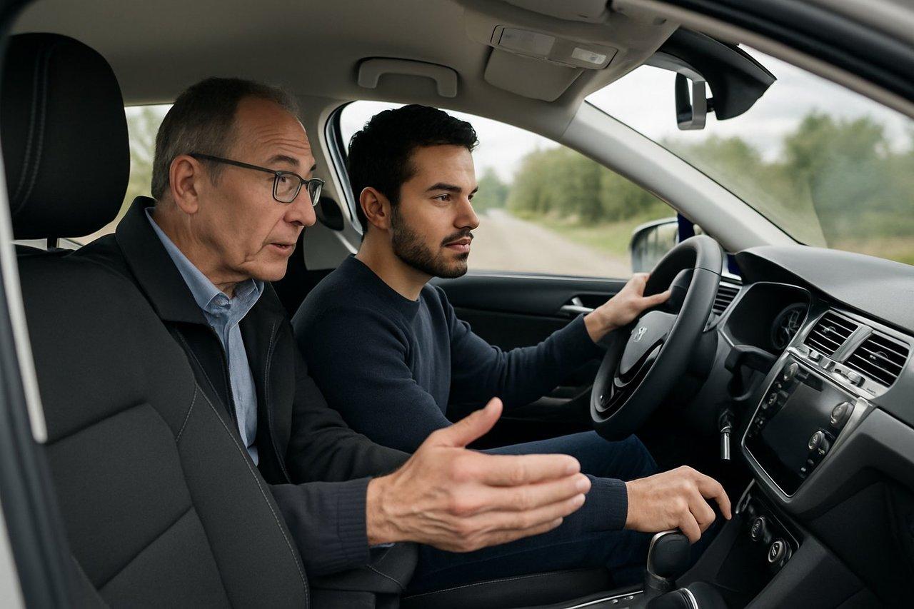 Formateur attentif guidant un salarié concentré lors d’une séance de conduite défensive en véhicule de fonction moderne.