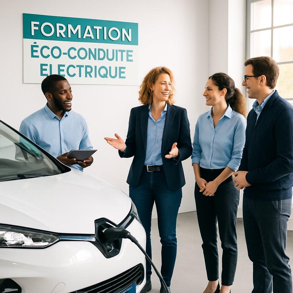 Formation professionnelle en éco-conduite électrique : conducteurs en entreprise autour d’un véhicule électrique moderne dans une ambiance lumineuse et dynamique.