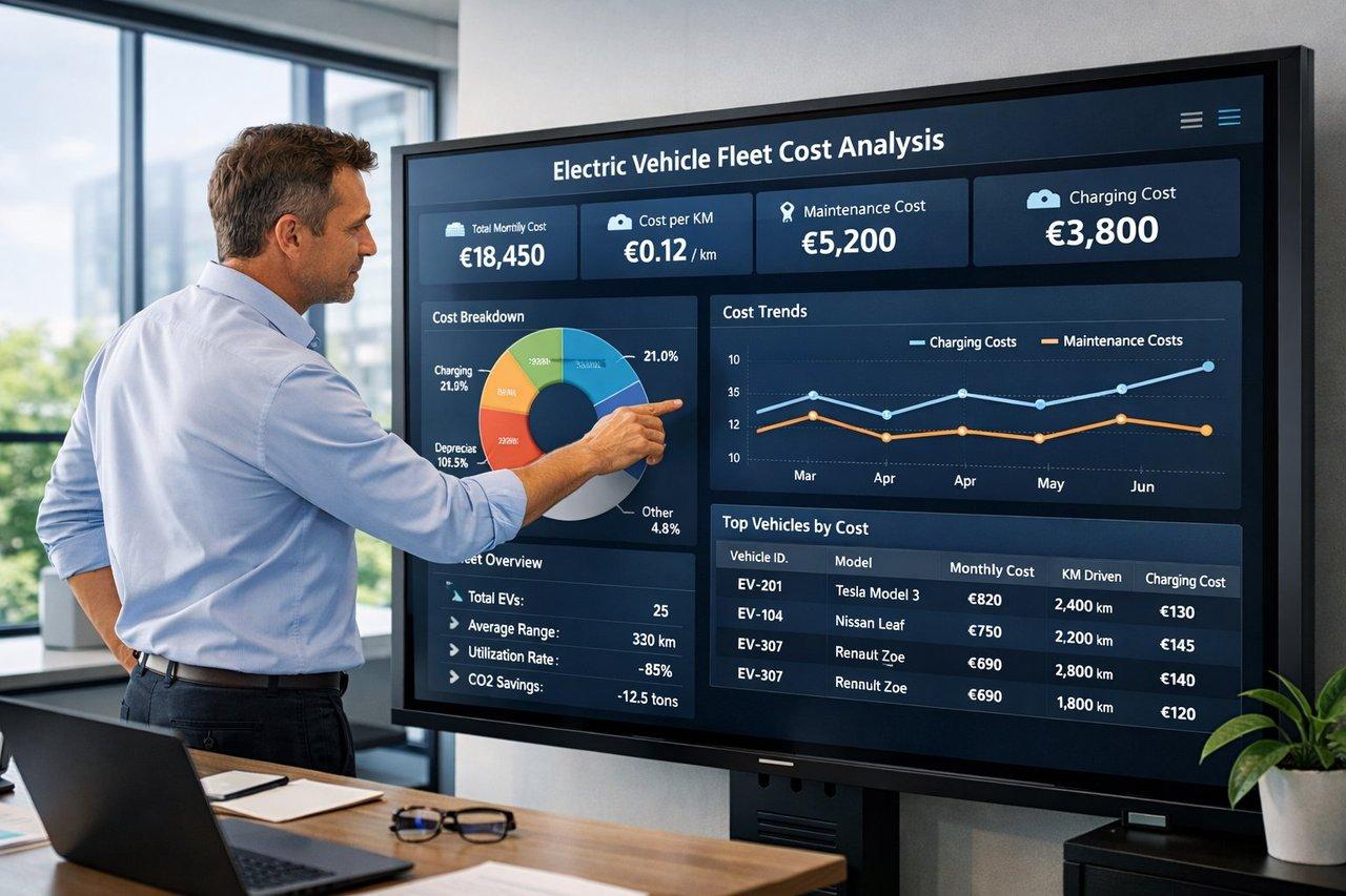 Gestionnaire de flotte analysant sur grand écran tactile un tableau de bord numérique des coûts de véhicules électriques.