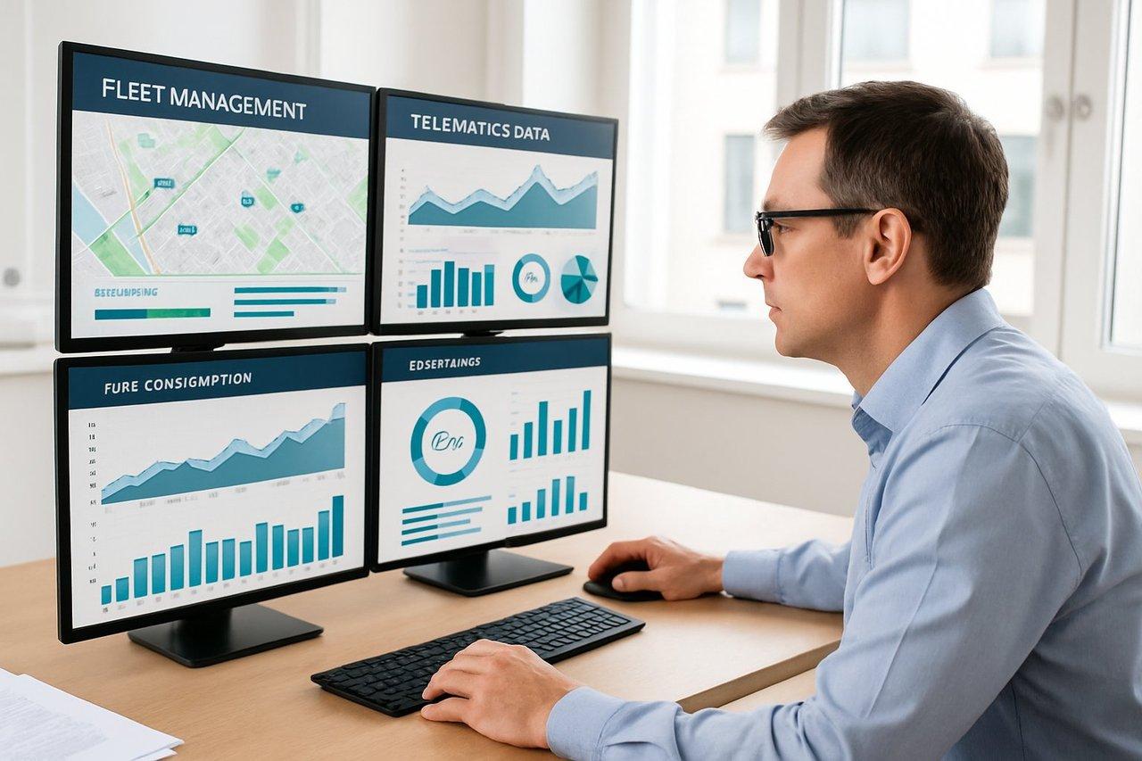 Gestionnaire de flotte automobile analysant des données télématiques modernes pour optimiser le TCO en bureau professionnel.