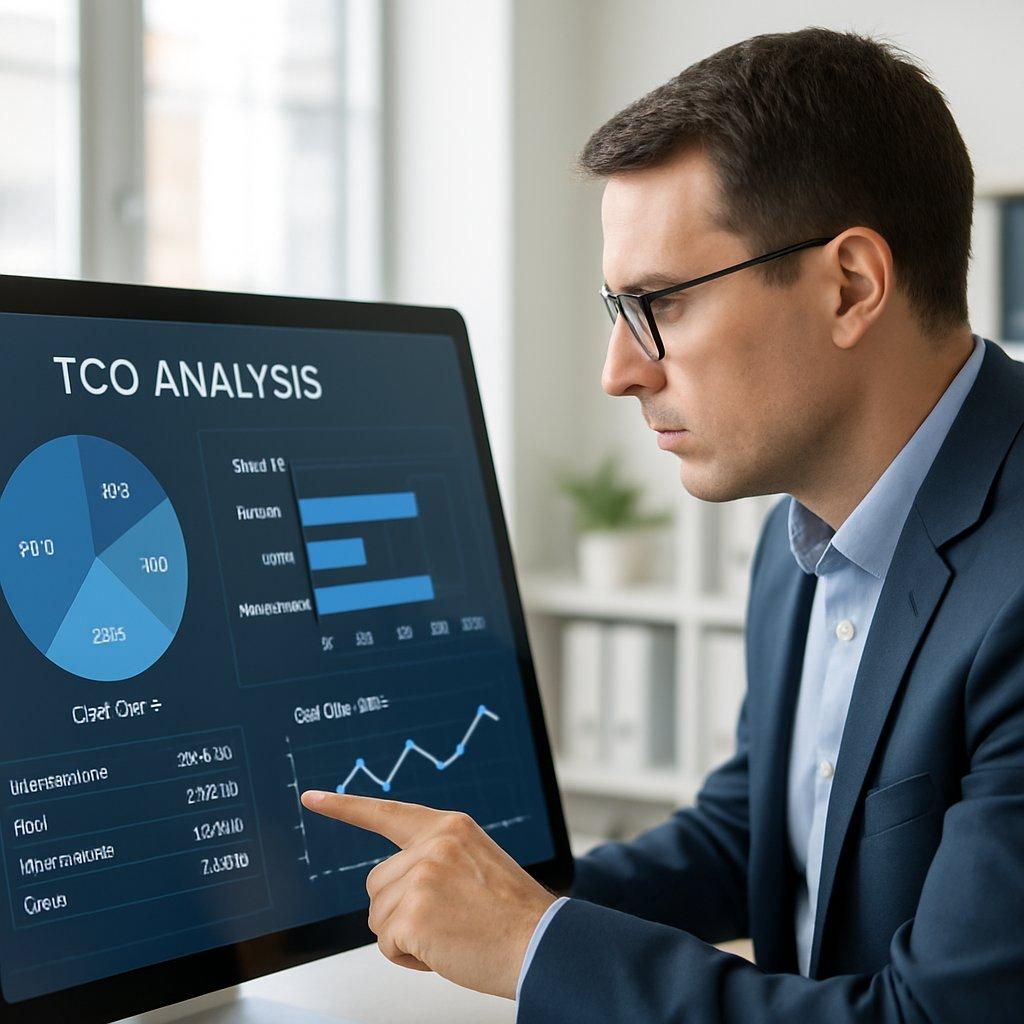 Gestionnaire de flotte automobile concentré, analysant un tableau numérique TCO sur écran tactile moderne.