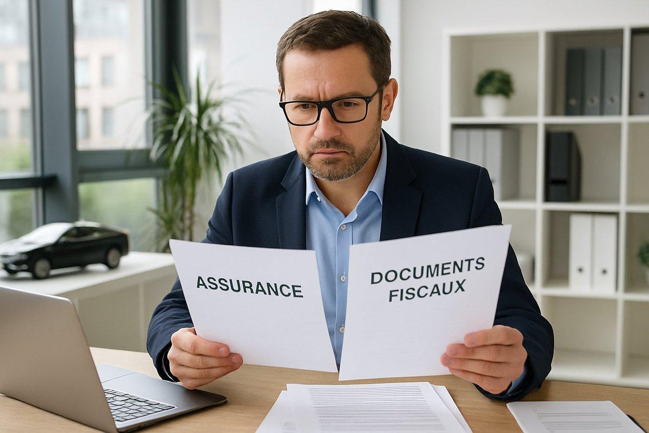 Gestionnaire de flotte automobile examinant attentivement contrats d’assurance et documents fiscaux dans un bureau moderne lumineux.