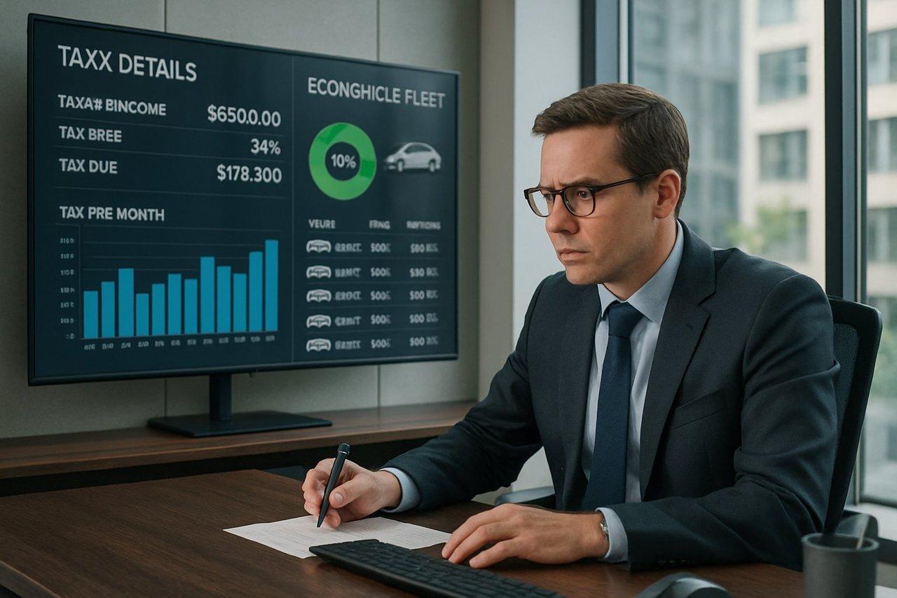 Gestionnaire de flotte concentré analysant un tableau numérique avec détails fiscaux et véhicules écologiques en bureau moderne.