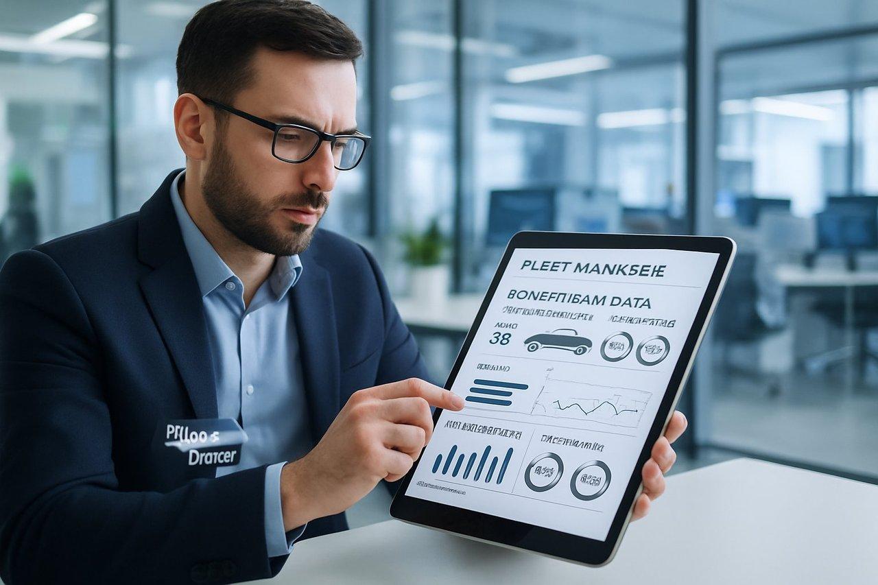 Gestionnaire de flotte professionnel analysant des données de motorisations sur tablette numérique moderne dans un bureau lumineux et high-tech.