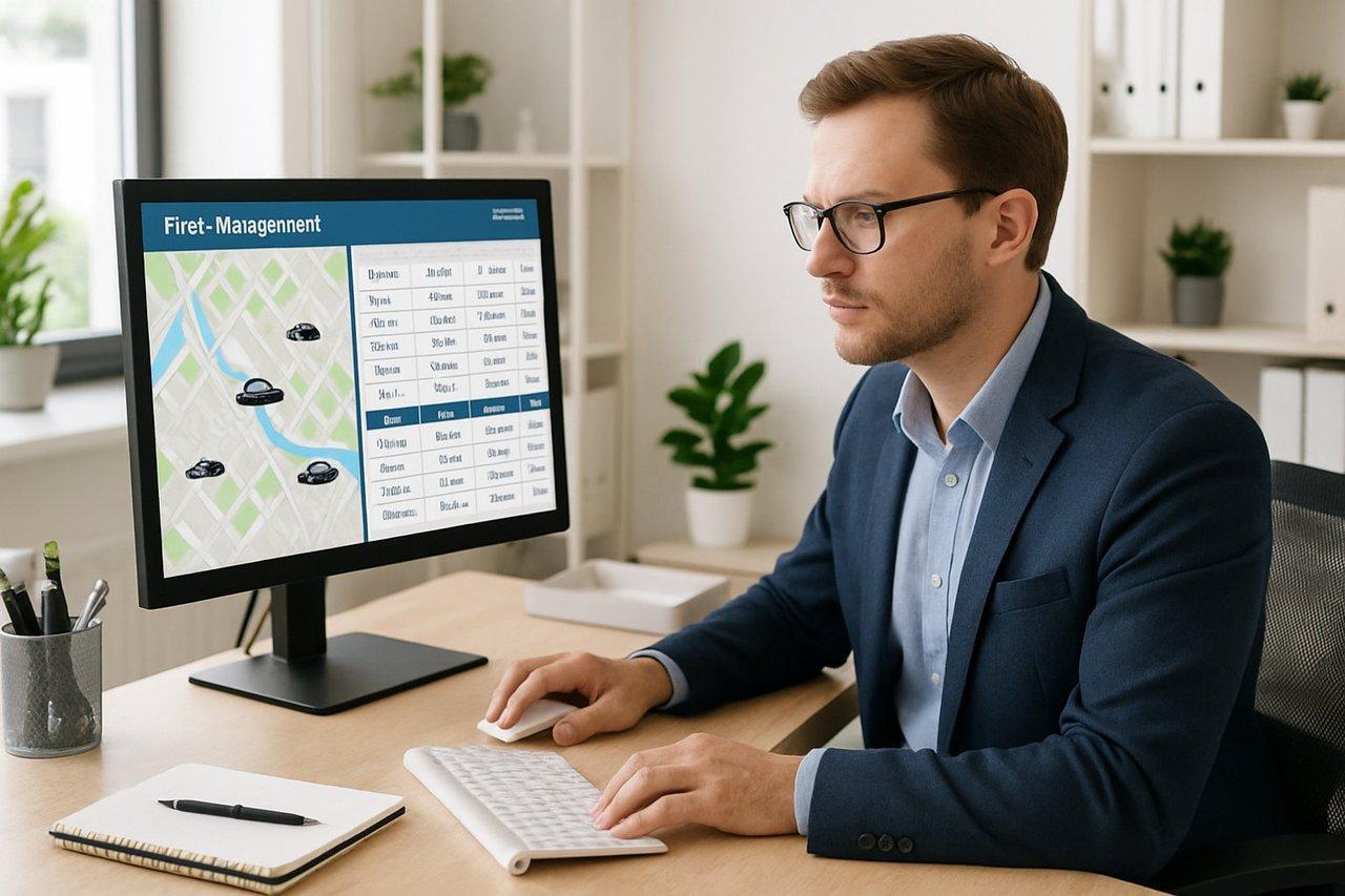 Gestionnaire PME concentré utilisant un logiciel de gestion de flotte automobile dans un bureau moderne lumineux.