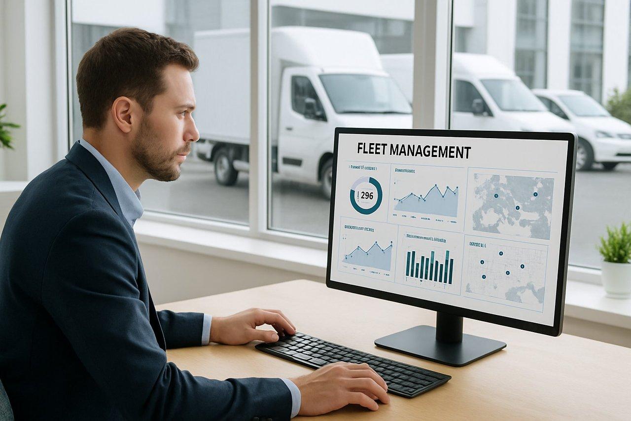 Gestionnaire professionnel analysant des données de flotte automobile sur un logiciel moderne, avec véhicules utilitaires et électriques en arrière-plan.