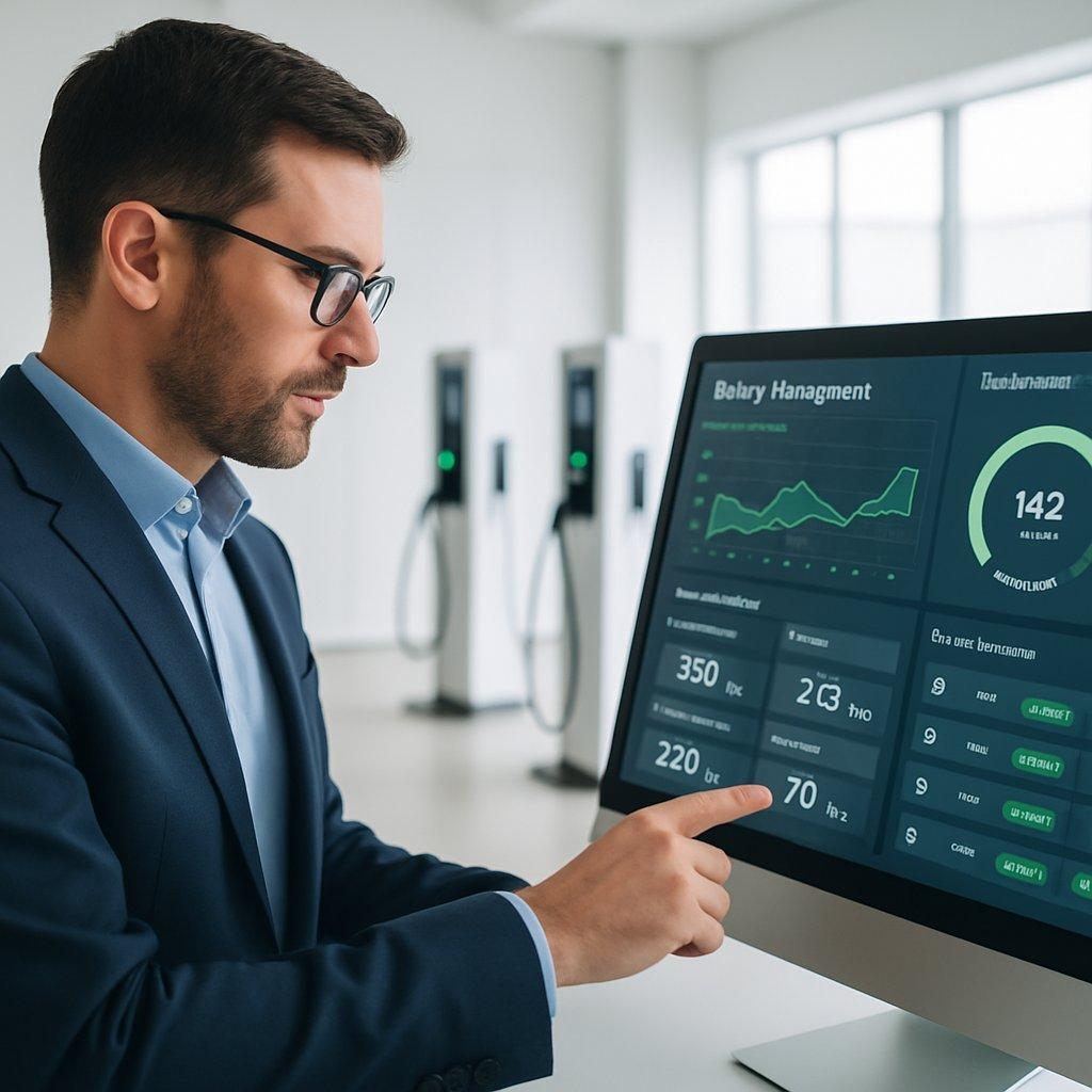 Gestionnaire professionnel analysant un logiciel de pilotage énergétique connecté aux bornes de recharge électrique modernes.