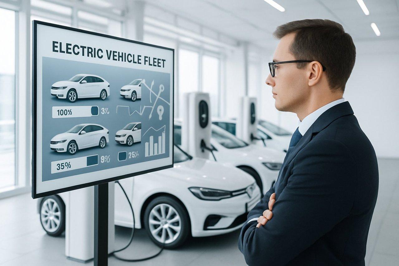 Gestionnaire professionnel surveillant la flotte de véhicules électriques d’entreprise avec bornes de recharge modernes.