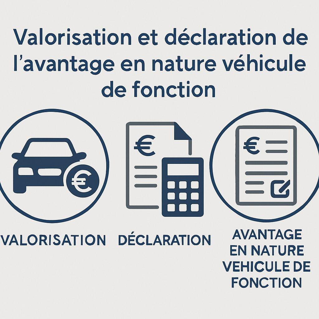 Graphique clair et professionnel illustrant la valorisation et la déclaration de l’avantage en nature véhicule de fonction.