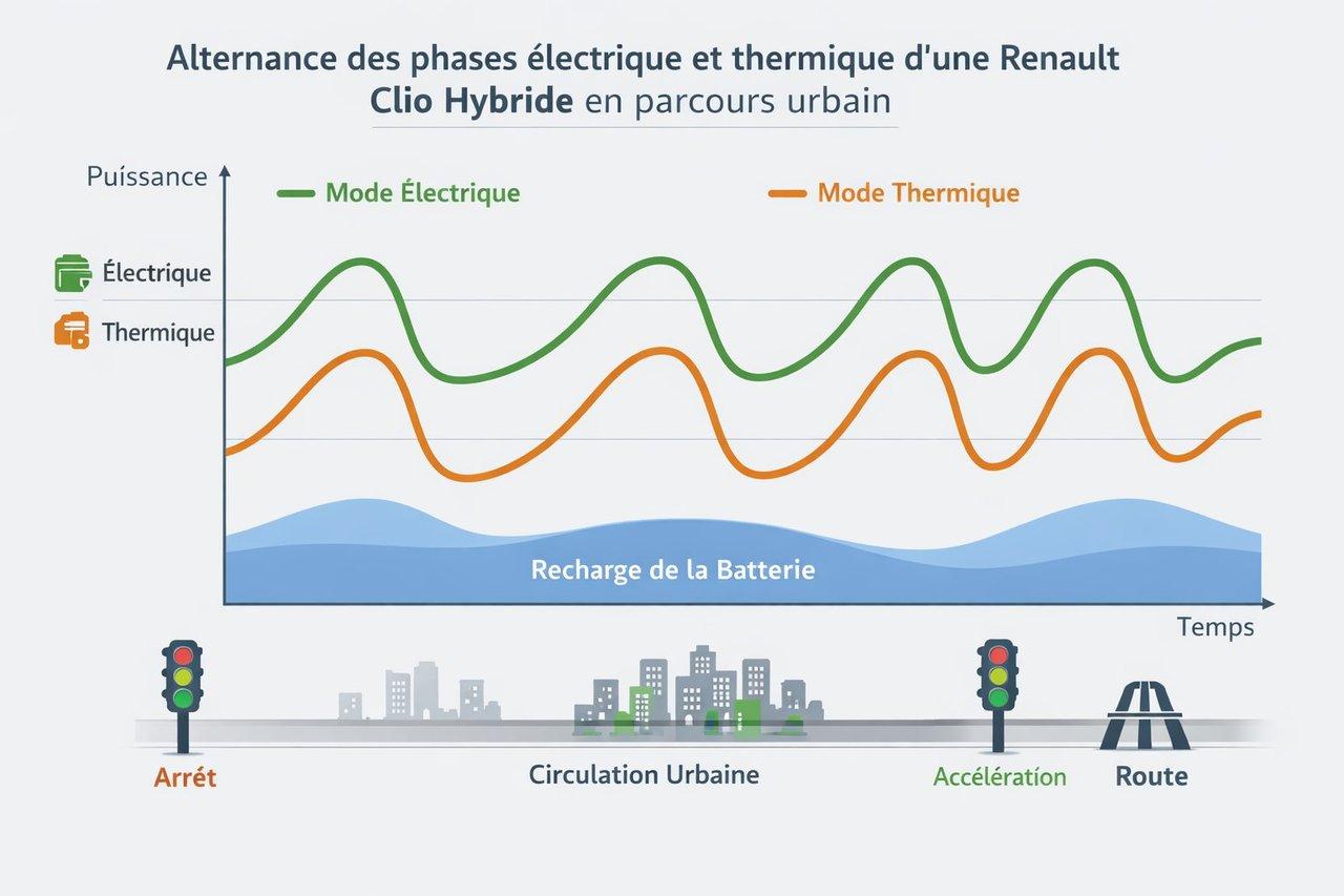 Graphique illustrant l’alternance des phases électrique et thermique d’une Renault Clio hybride en parcours urbain.