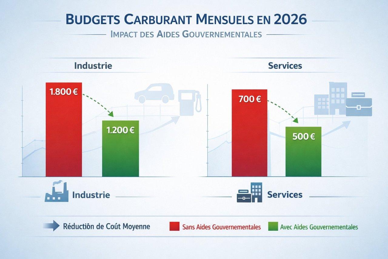 Graphique moderne comparant les budgets carburant mensuels industrie versus services en 2026, avec effets des aides gouvernementales.