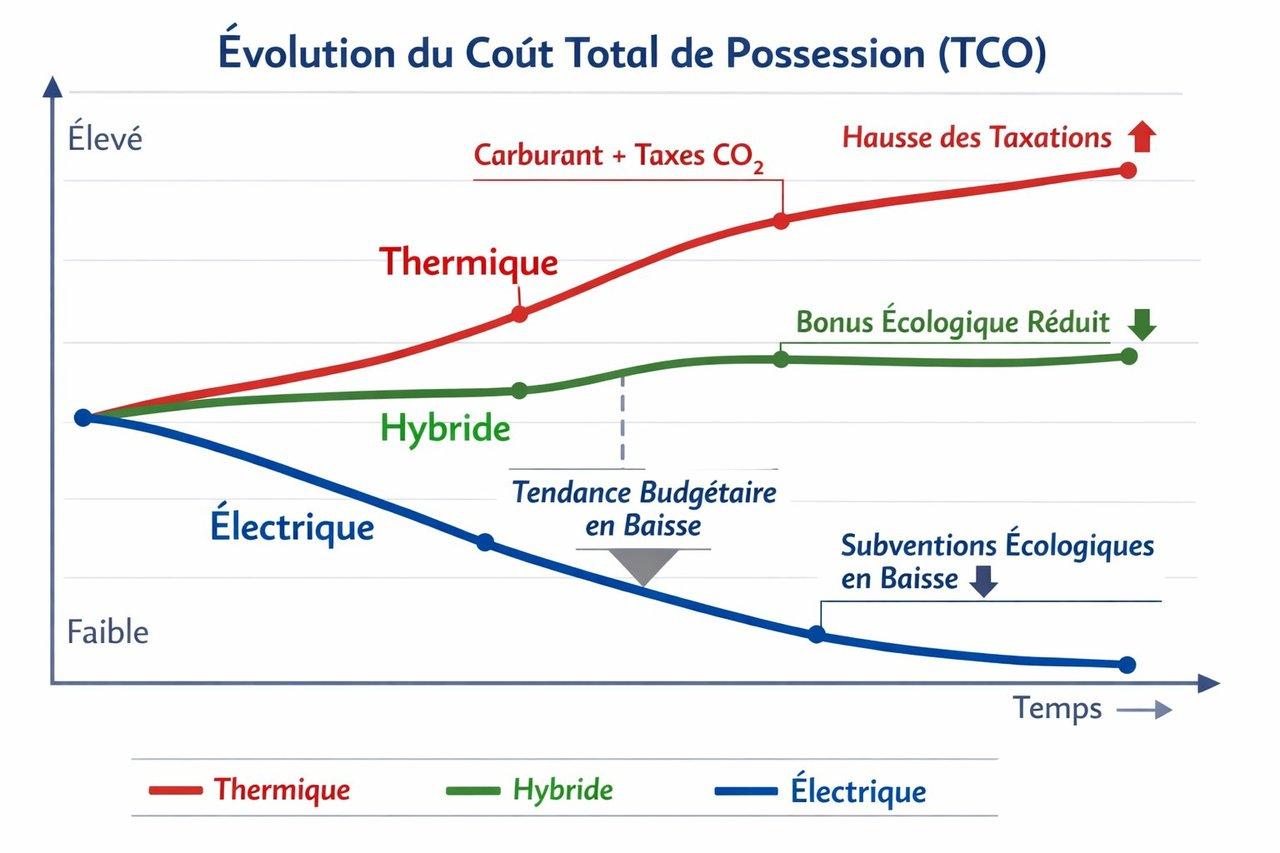 Graphique professionnel illustrant l’évolution du coût total de possession (TCO) selon motorisation et fiscalité.